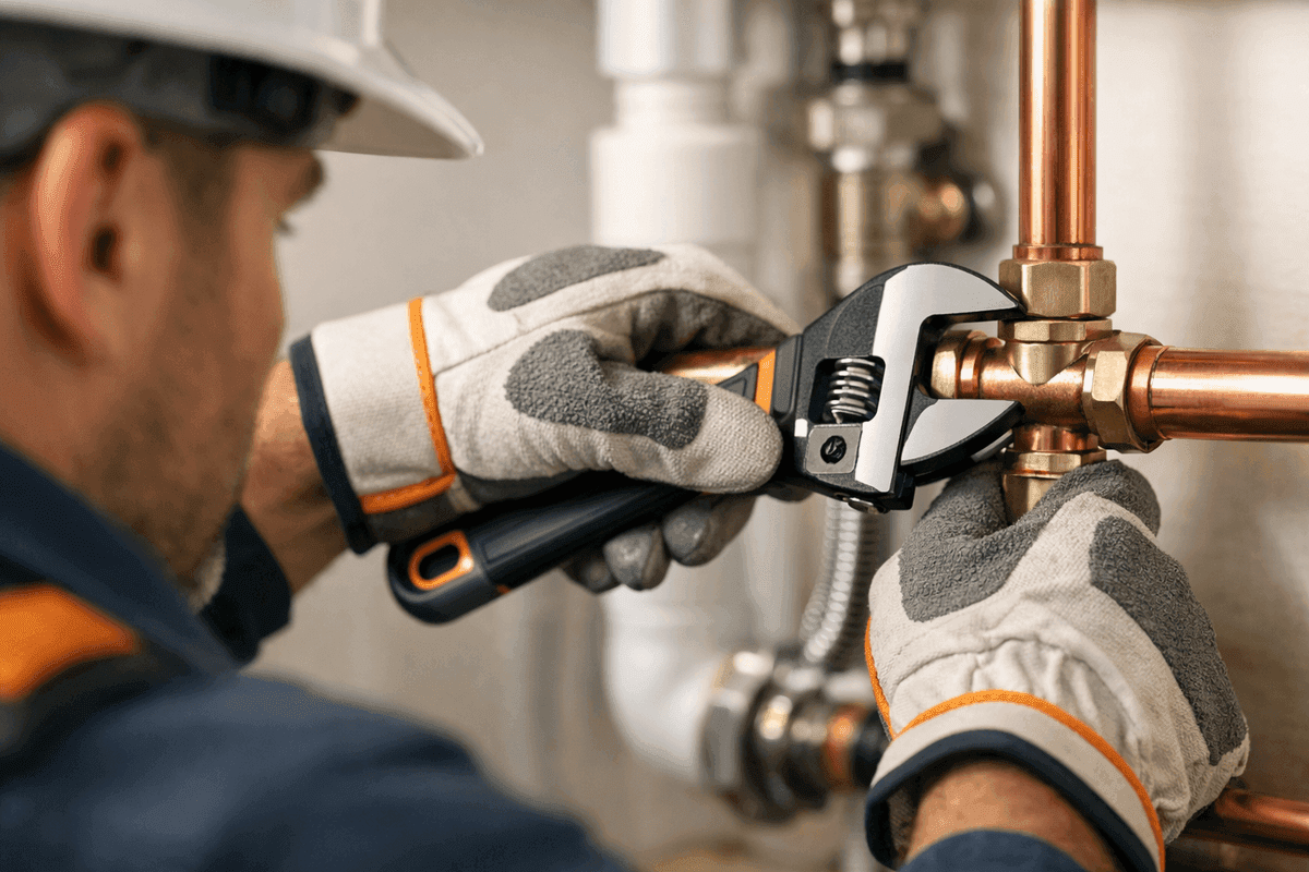 Close-up of plumber tightening copper pipe joint with wrench in clean setting